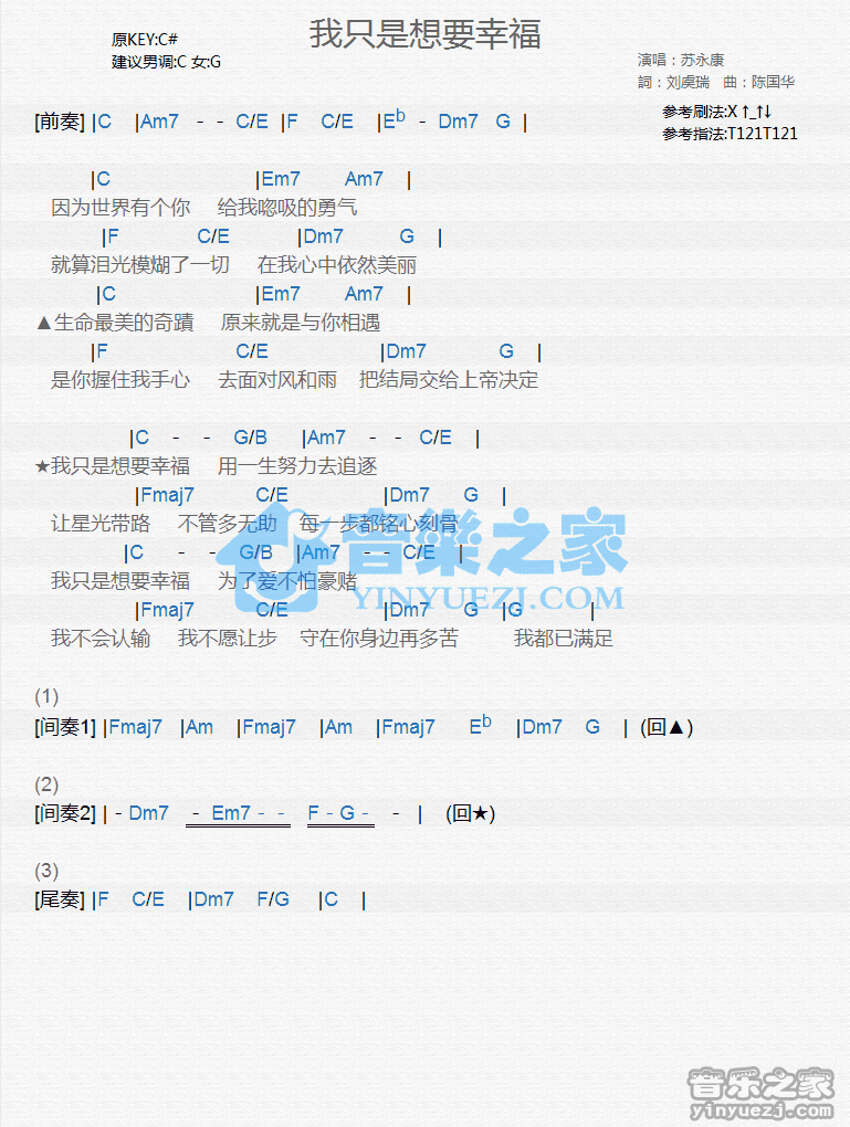 苏永康《我只是想要幸福》尤克里里弹唱谱
