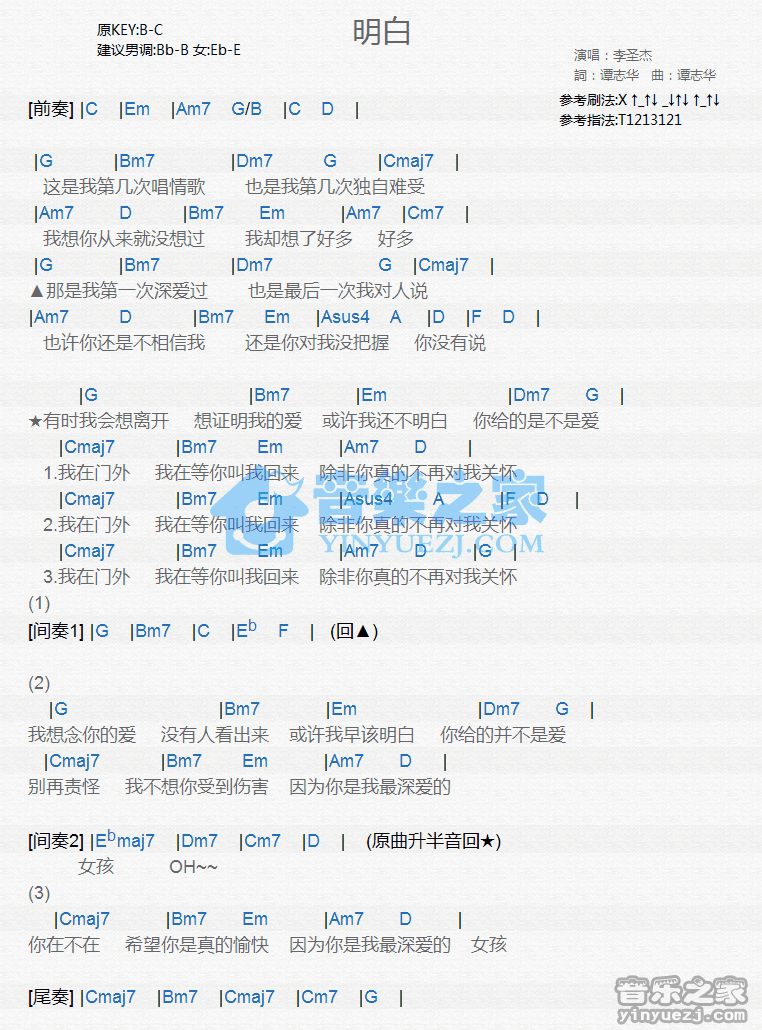 李圣杰《明白》尤克里里弹唱谱
