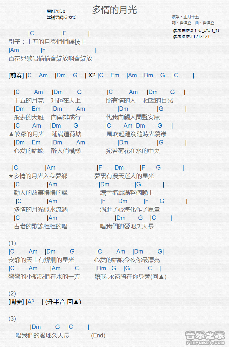 正月十五《多情的月光》尤克里里弹唱谱