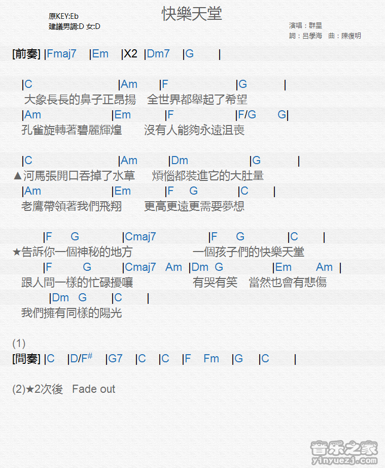 滚石群星《快乐天堂》尤克里里弹唱谱