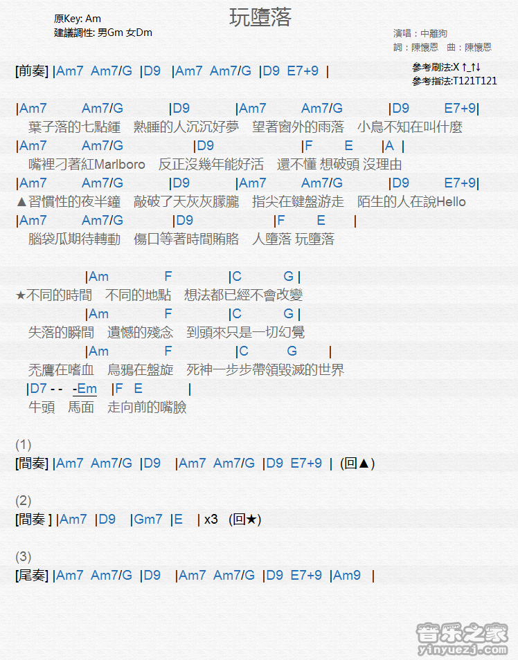 中离狗《玩堕落》尤克里里弹唱谱