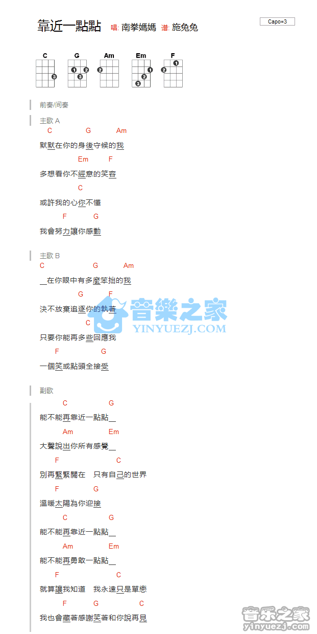南拳妈妈《靠近一点点》尤克里里弹唱谱
