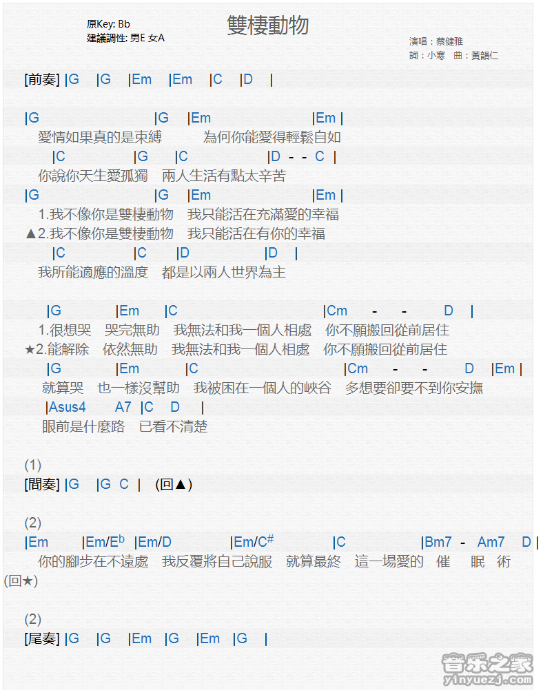 蔡健雅《双栖动物》尤克里里弹唱谱