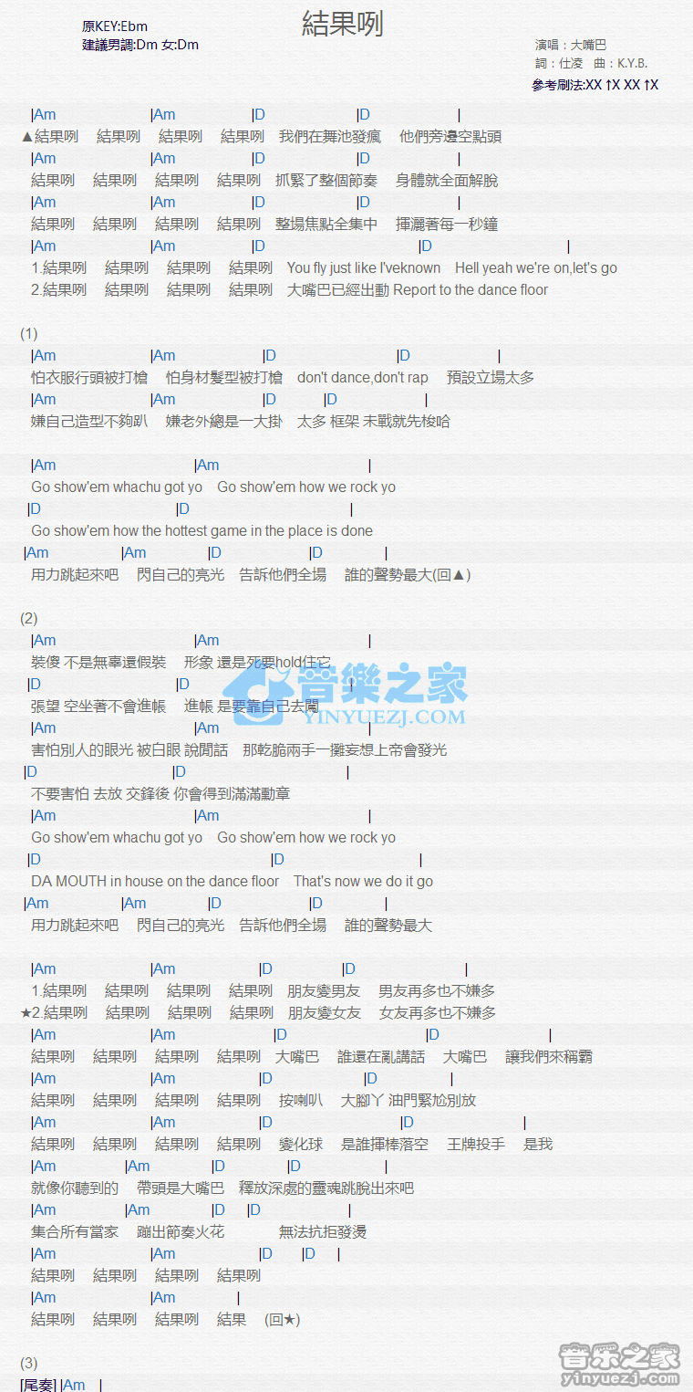 大嘴巴《结果咧》尤克里里弹唱谱
