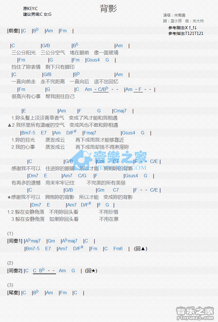 林宥嘉《背影》尤克里里弹唱谱