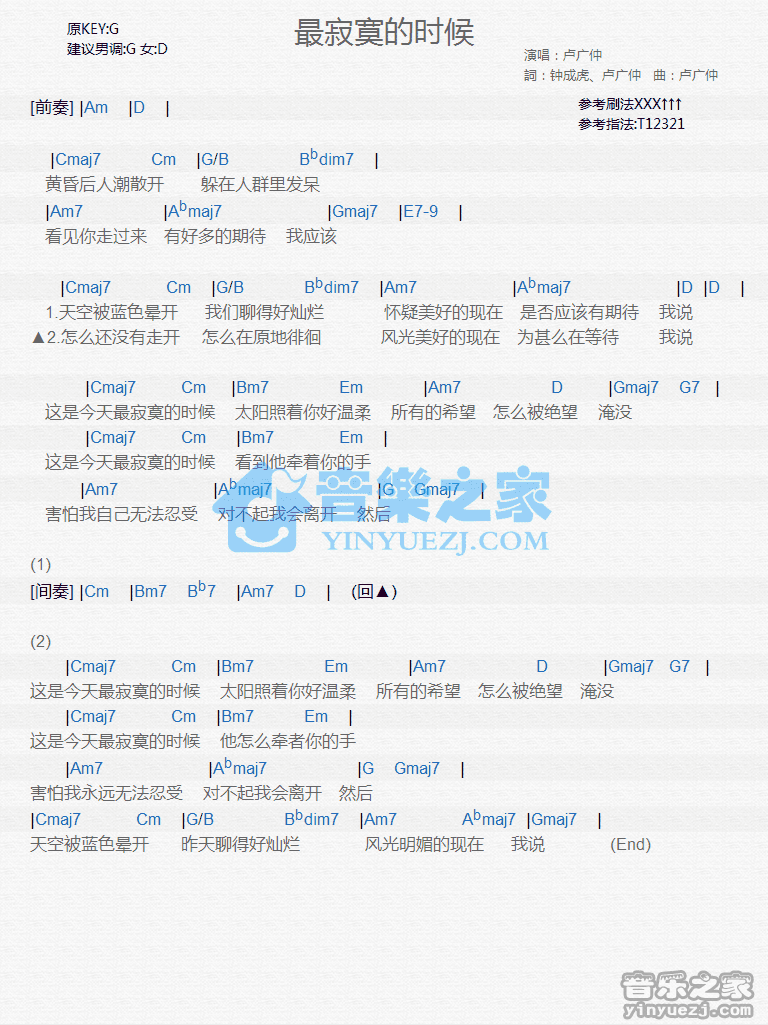 卢广仲《最寂寞的时候》尤克里里弹唱谱