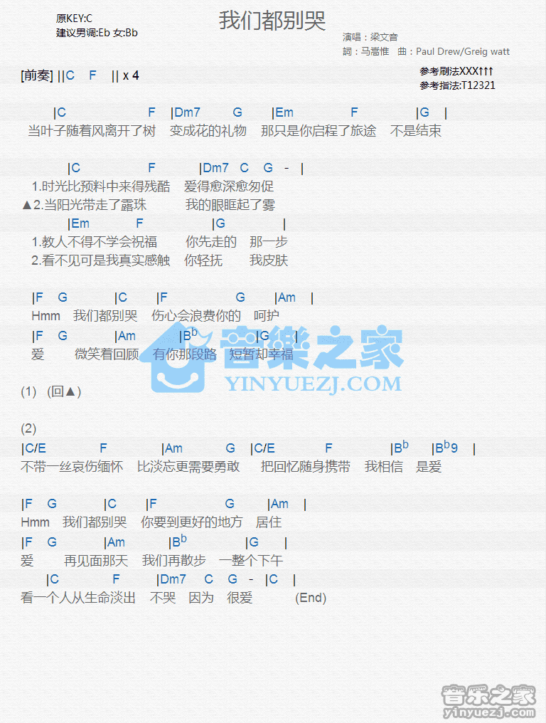 梁文音《我们都别哭》尤克里里弹唱谱