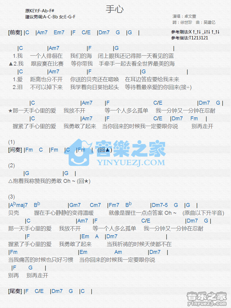 卓文萱《手心》尤克里里弹唱谱