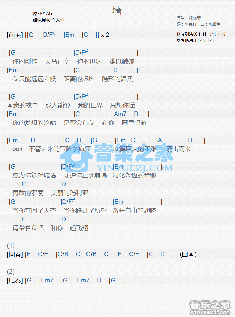 姚亦晴《墙》尤克里里弹唱谱