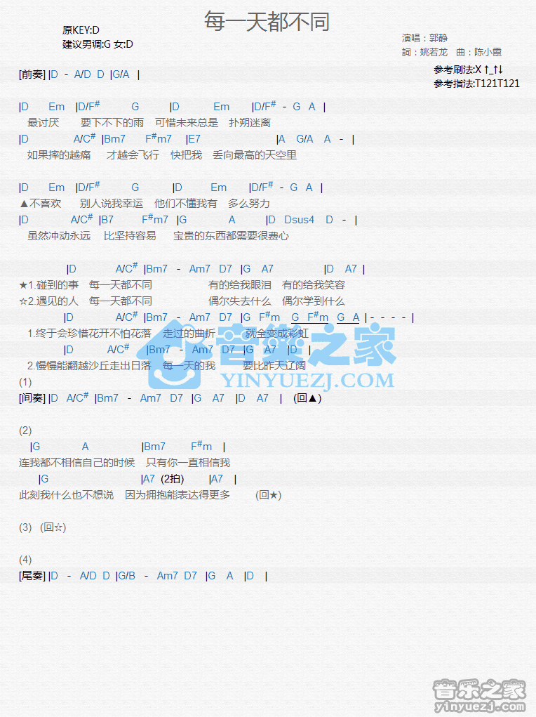 郭静《每一天都不痛》尤克里里弹唱谱