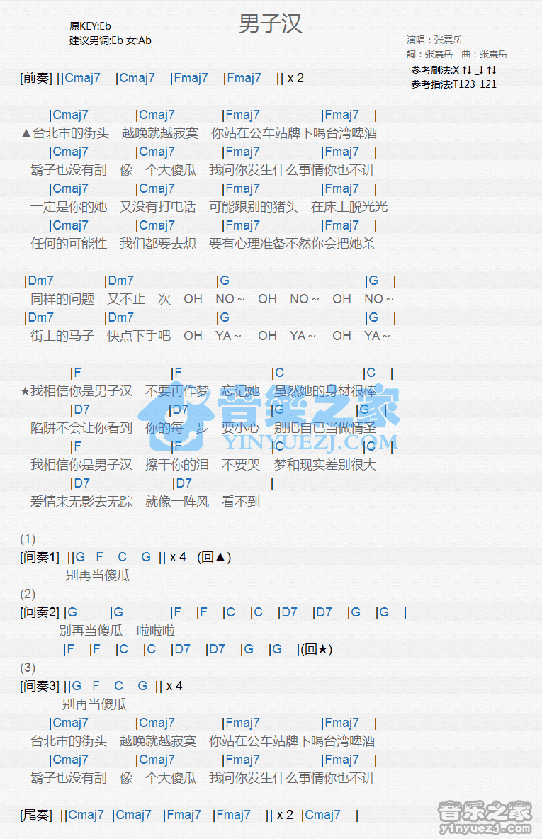 张震岳《男子汉》尤克里里弹唱谱