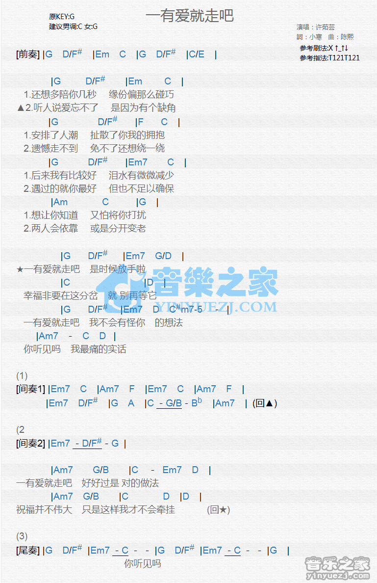 许茹芸《一有爱就走吧》尤克里里弹唱谱