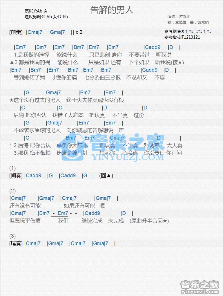 游鸿明《告解的男人》尤克里里弹唱谱