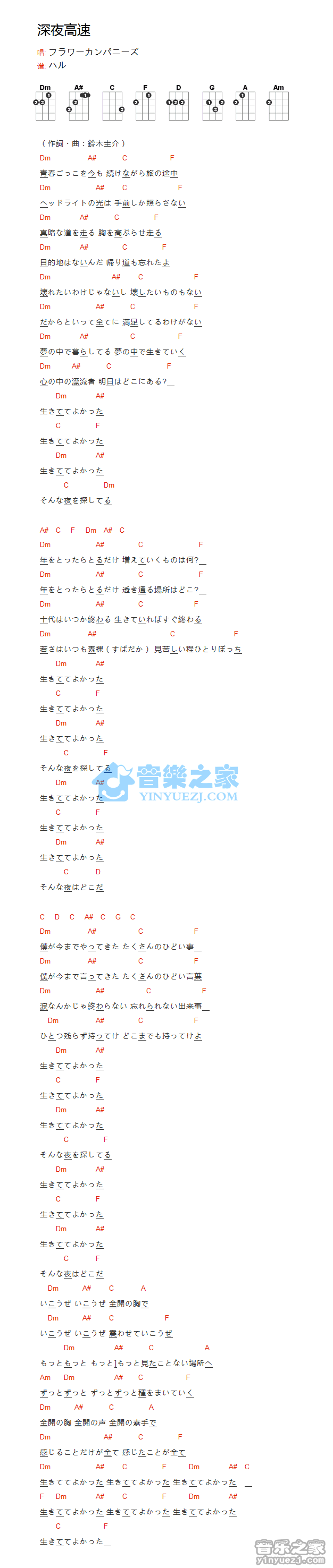 フラワーカンパニーズ《深夜高速》尤克里里弹唱谱