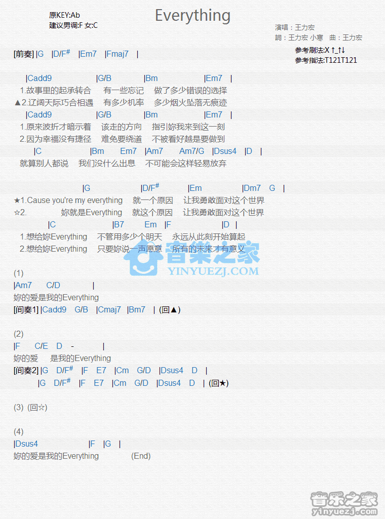 王力宏《Everything》尤克里里弹唱谱
