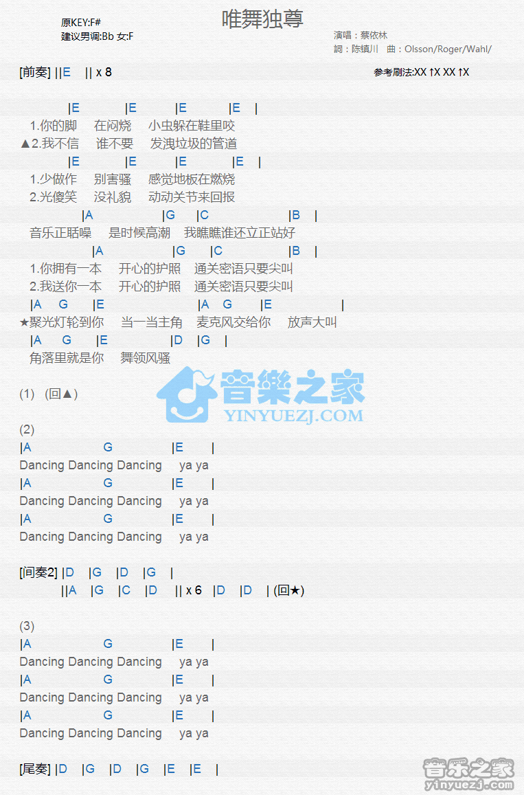 蔡依林《唯舞独尊》尤克里里弹唱谱