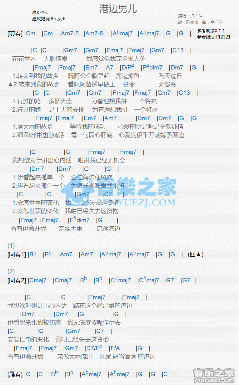 卢广仲《港边男儿》尤克里里弹唱谱