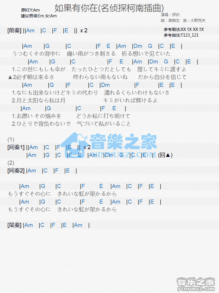 名侦探柯南插曲《如果有你在》尤克里里弹唱谱