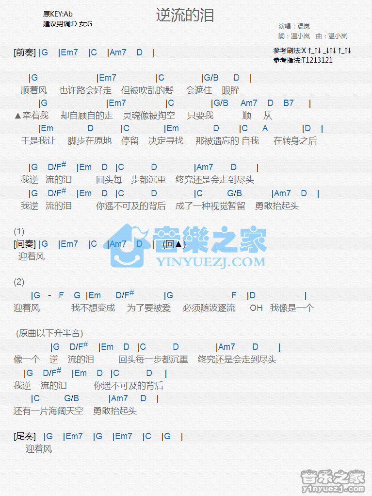 温岚《逆流的泪》尤克里里弹唱谱