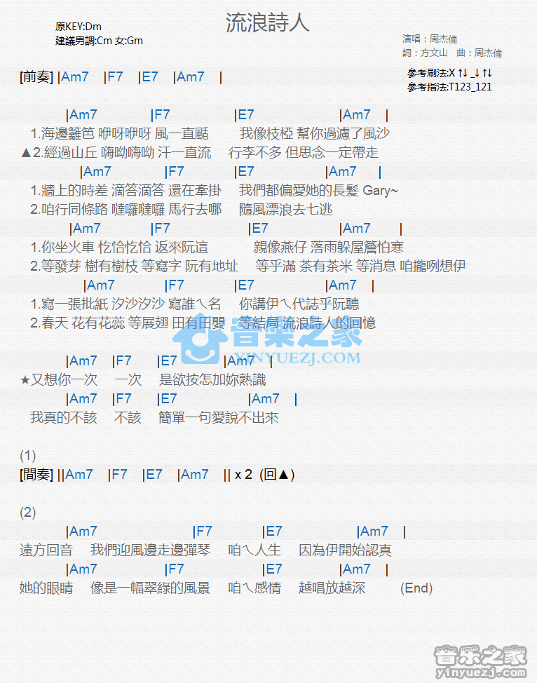 周杰伦《流浪诗人》尤克里里弹唱谱