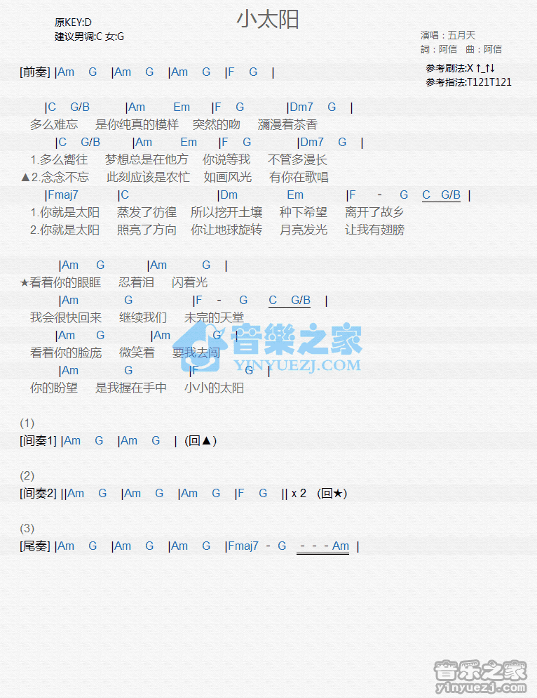 五月天《小太阳》尤克里里弹唱谱