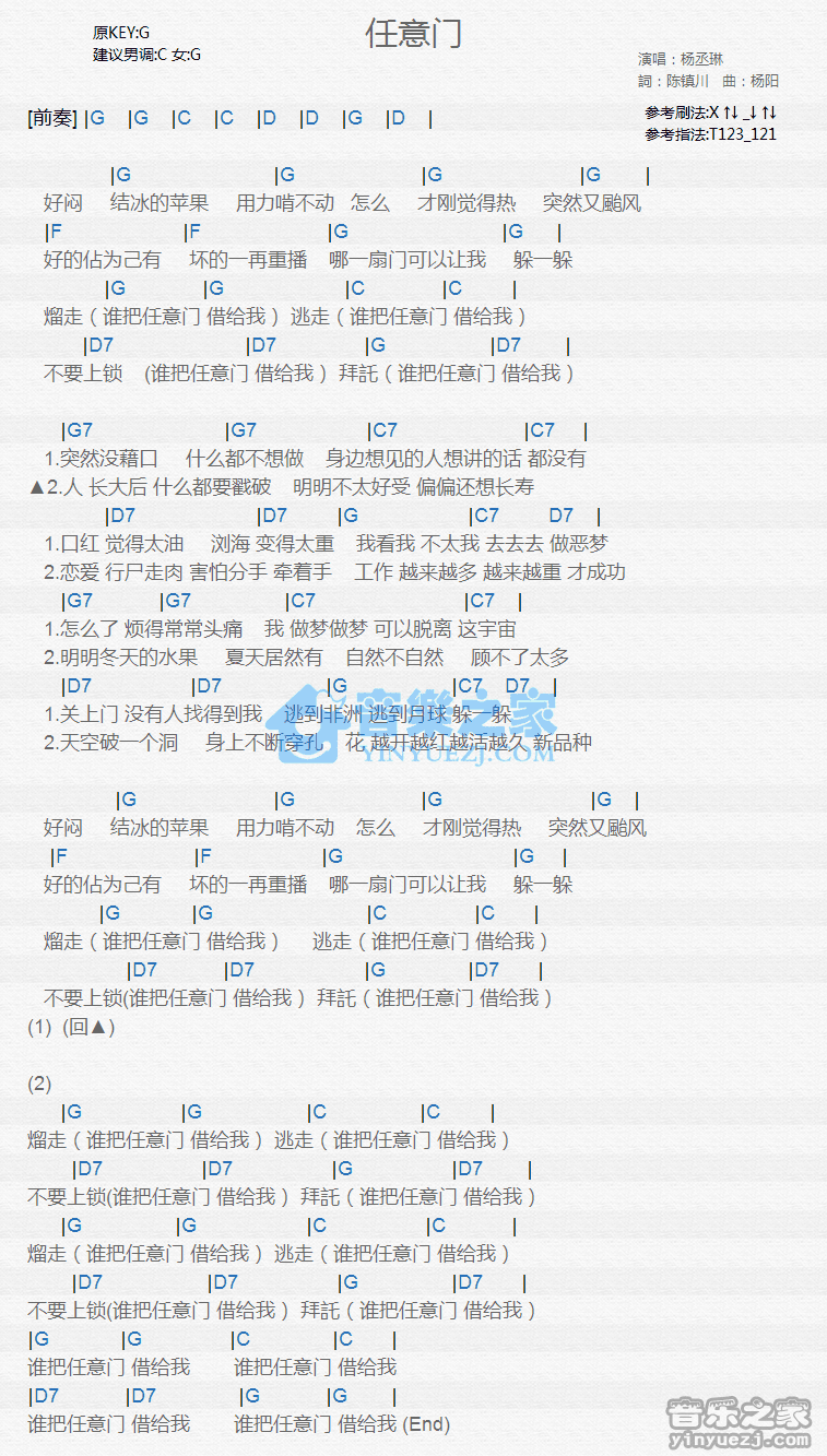 杨丞琳《任意门》尤克里里弹唱谱