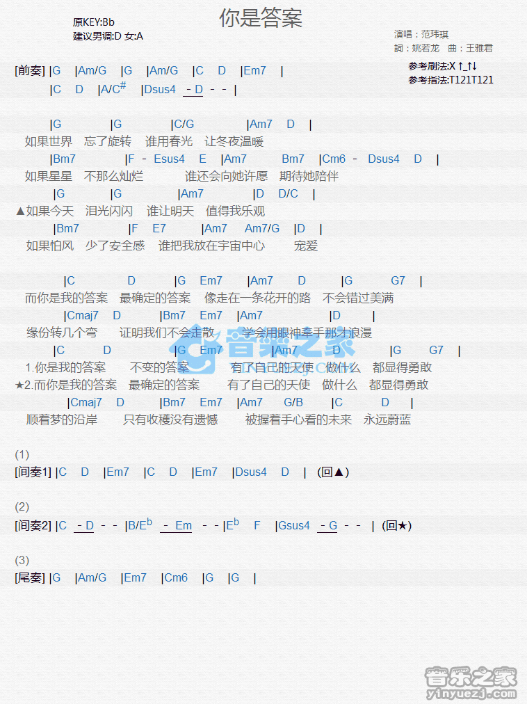 范玮琪《你是答案》尤克里里弹唱谱