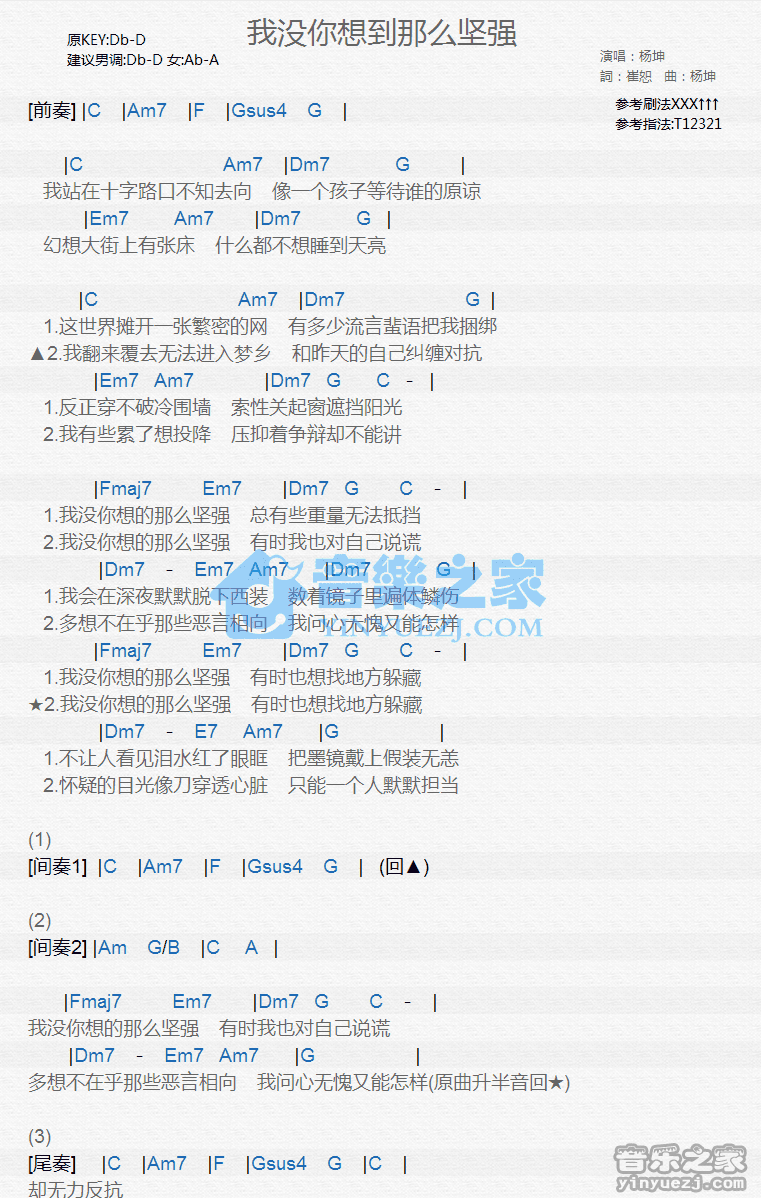 杨坤《我没你想得那么坚强》尤克里里弹唱谱