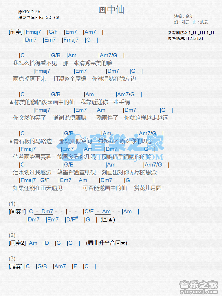 金莎《画中仙》尤克里里弹唱谱