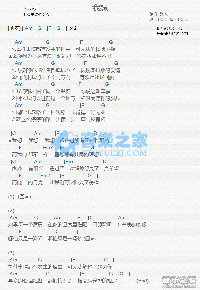 1张杰《我想》尤克里里弹唱谱