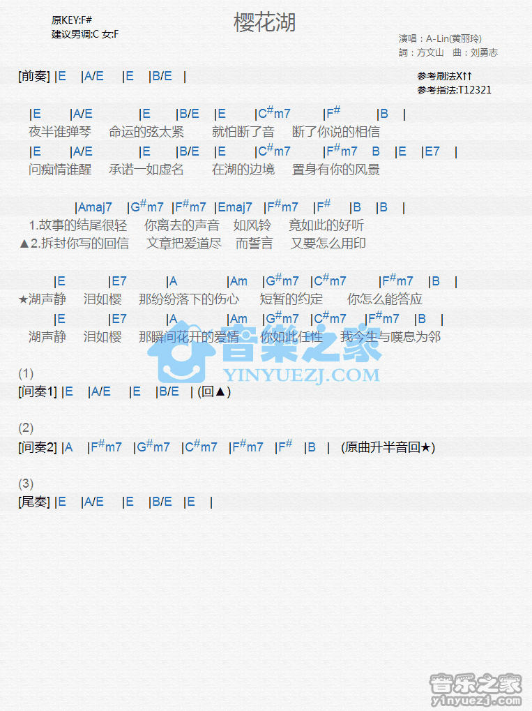 A-Lin《樱花湖》尤克里里弹唱谱