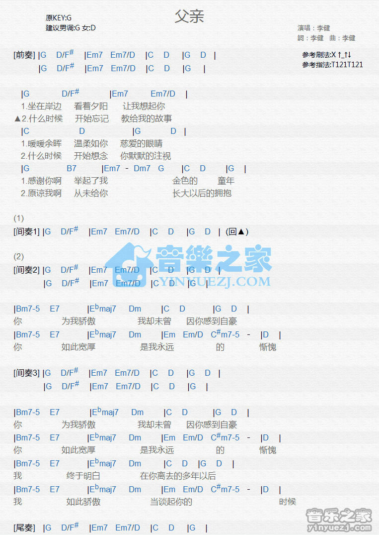 李健《父亲》尤克里里弹唱谱