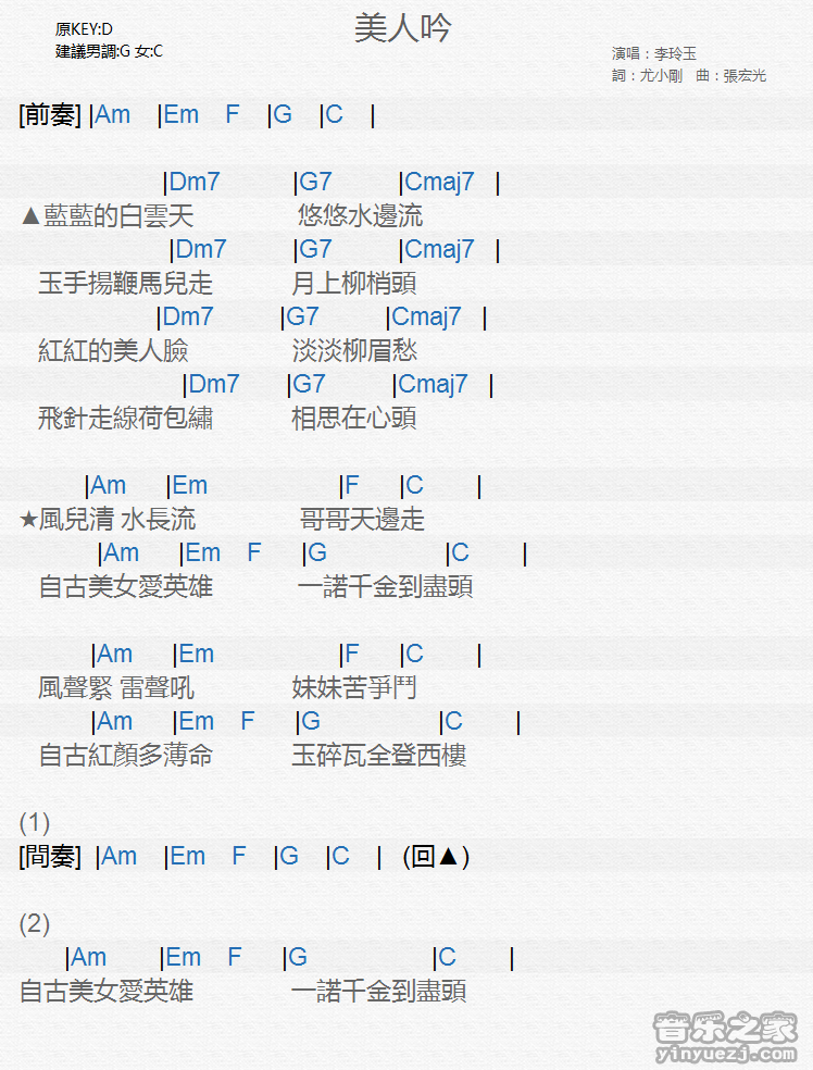 李玲玉《美人吟》尤克里里弹唱谱