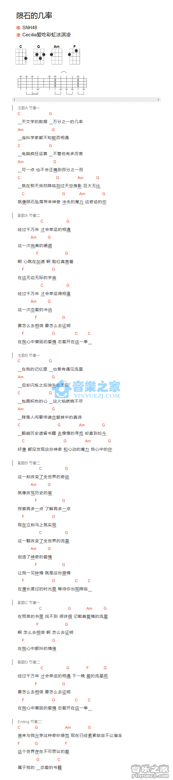 SNH48《陨石的几率》尤克里里弹唱谱