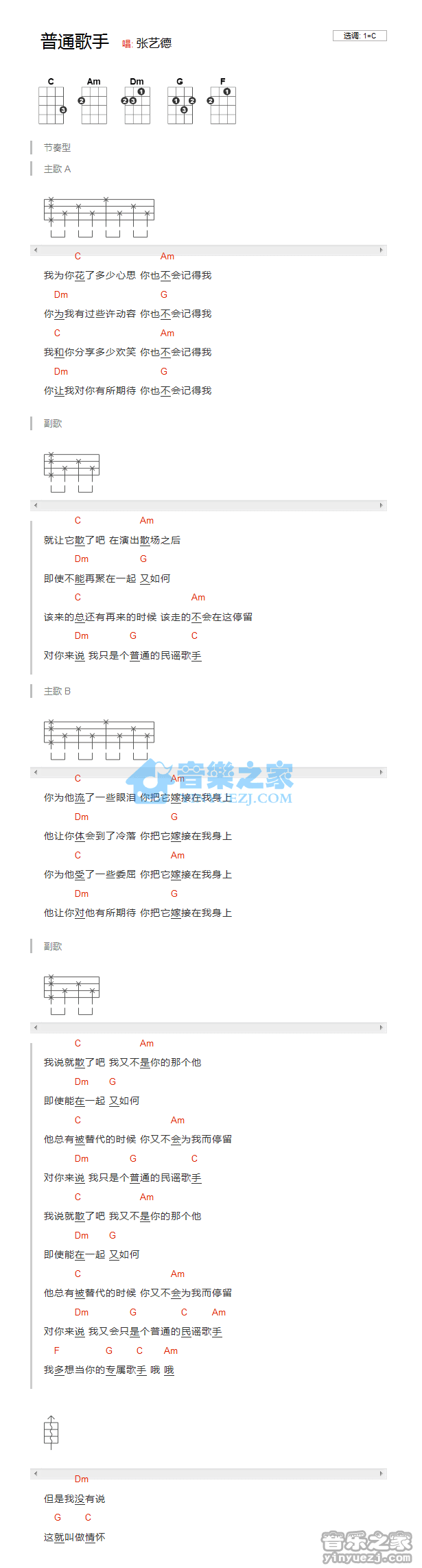 张艺德《普通歌手》尤克里里弹唱谱