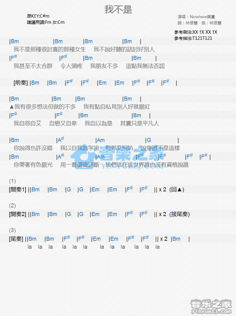 Nowhere乐团《我不是》尤克里里弹唱谱