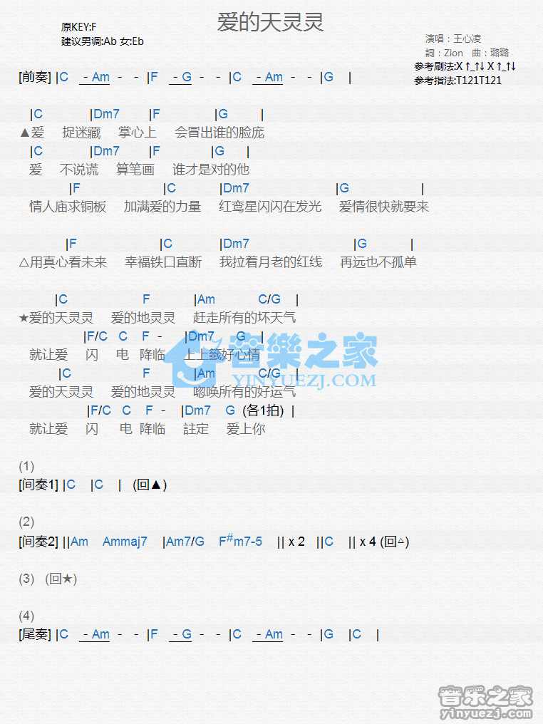 王心凌《爱的天灵灵》尤克里里弹唱谱