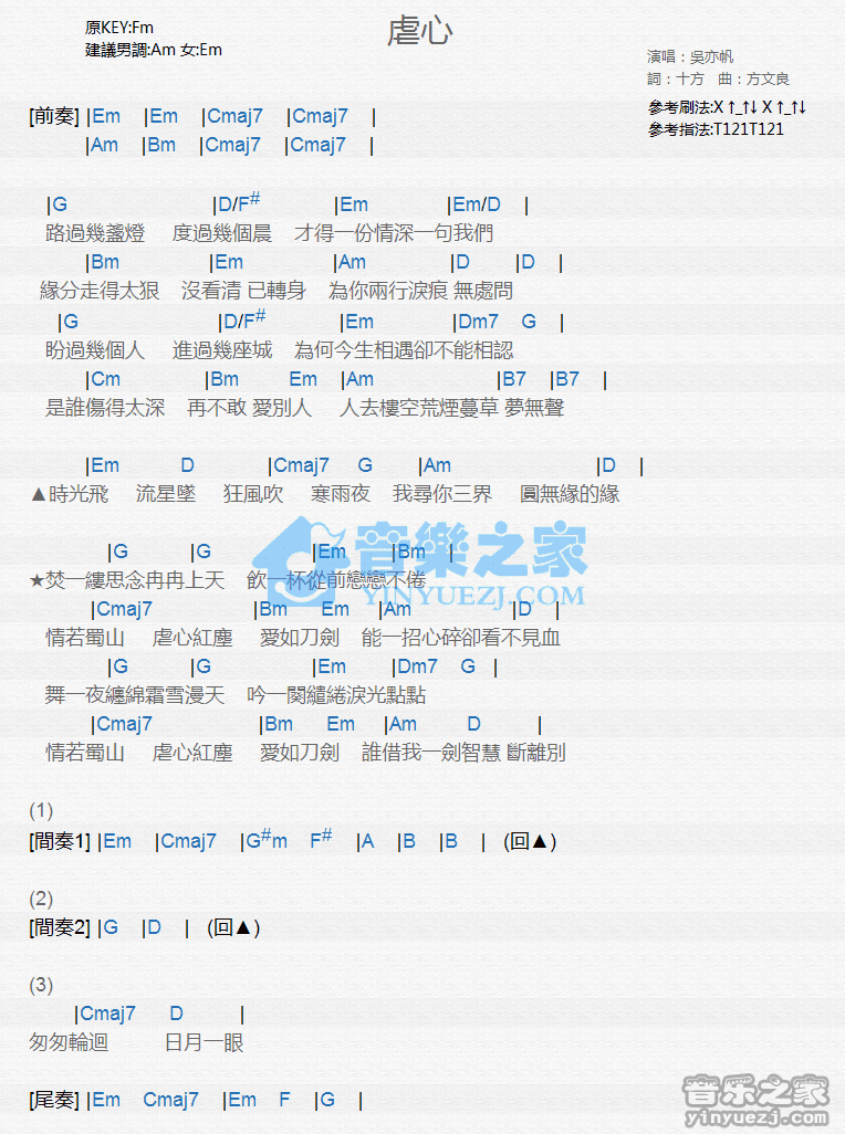 吴亦帆《虐心》尤克里里弹唱谱
