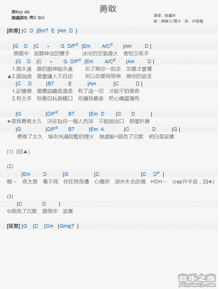 张惠妹《勇敢》尤克里里弹唱谱