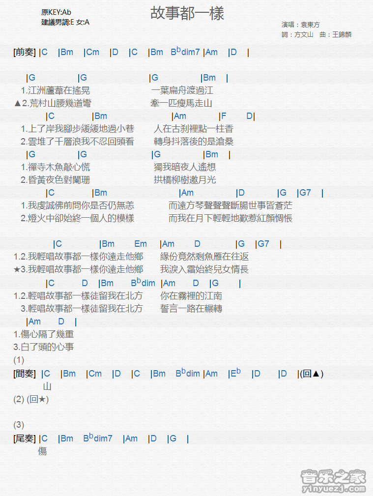 袁东方《故事都一样》尤克里里弹唱谱