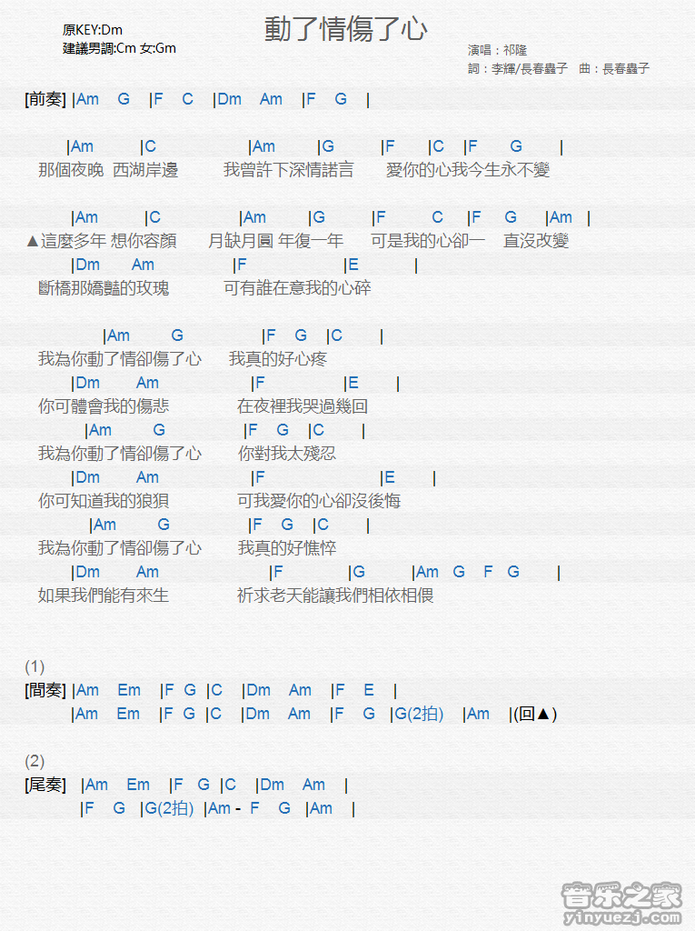 祁隆《动了情伤了心》尤克里里弹唱谱
