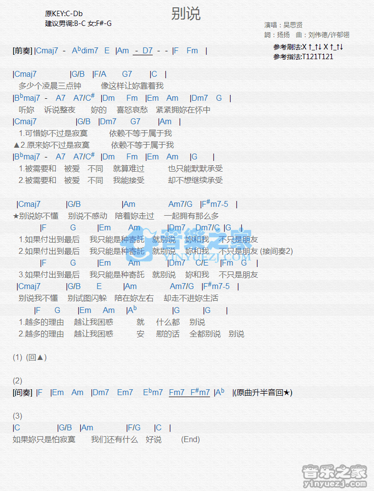 吴思贤《别说》尤克里里弹唱谱