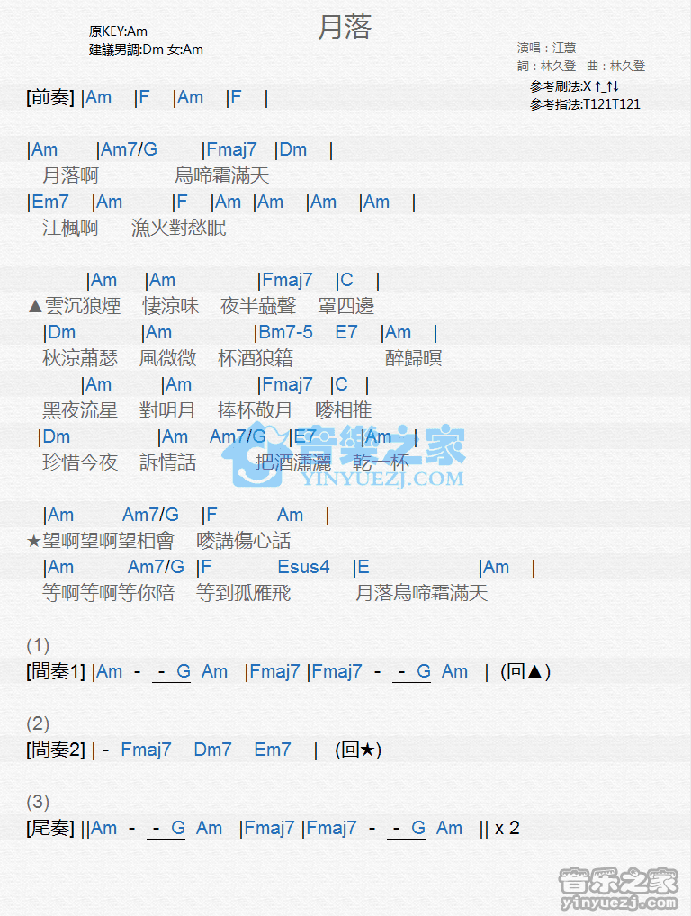 江蕙《月落》尤克里里弹唱谱