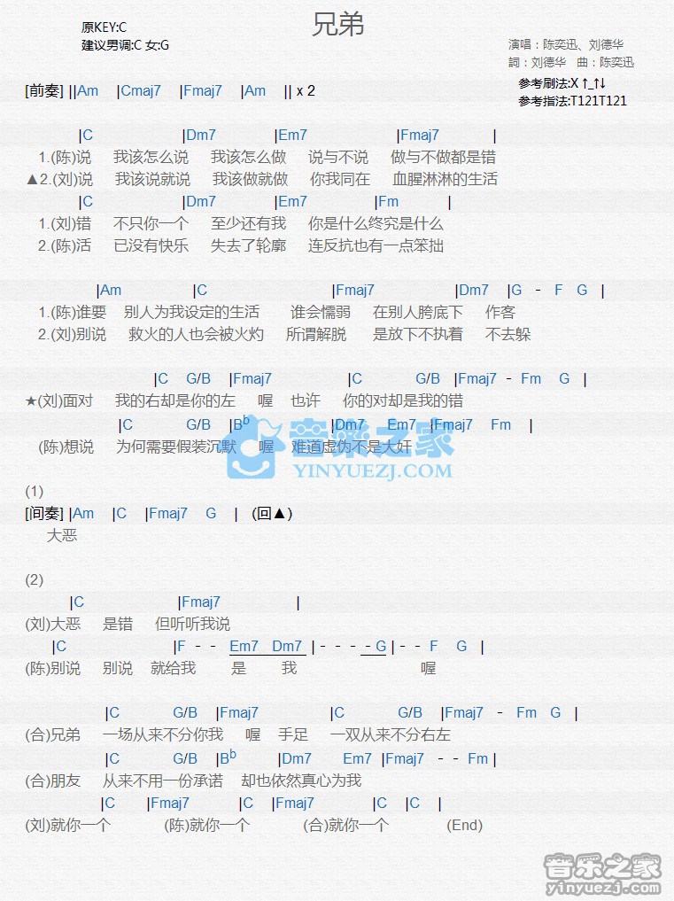 陈奕迅/刘德华《兄弟》尤克里里弹唱谱