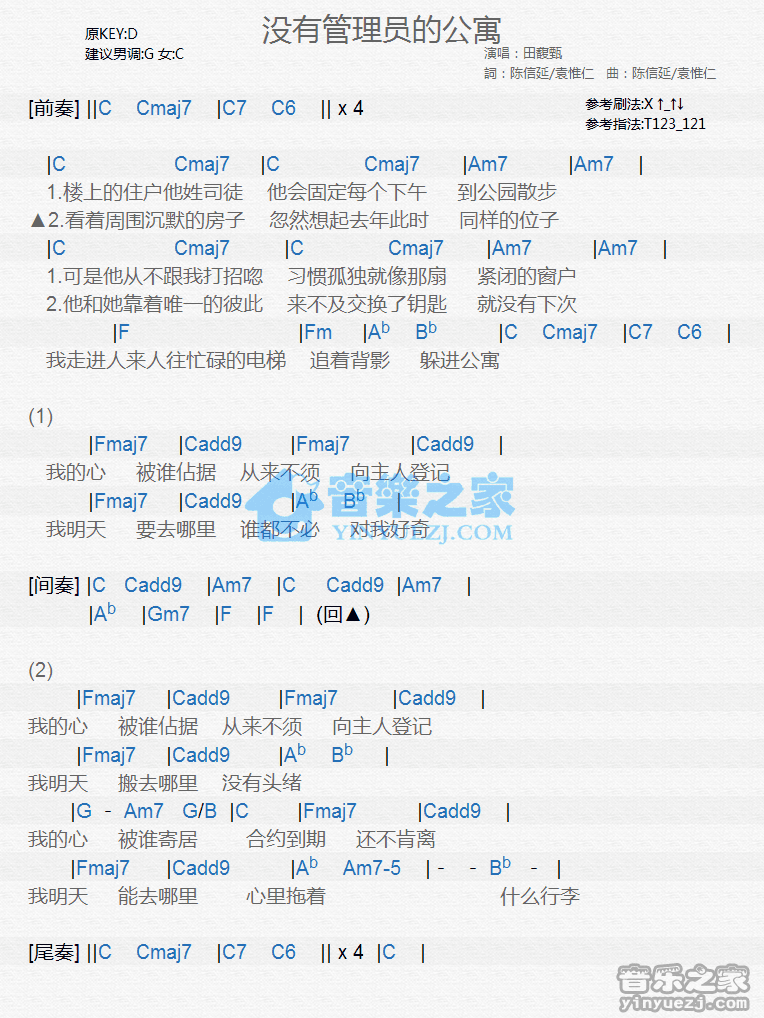 田馥甄《没有管理员的公寓》尤克里里弹唱谱