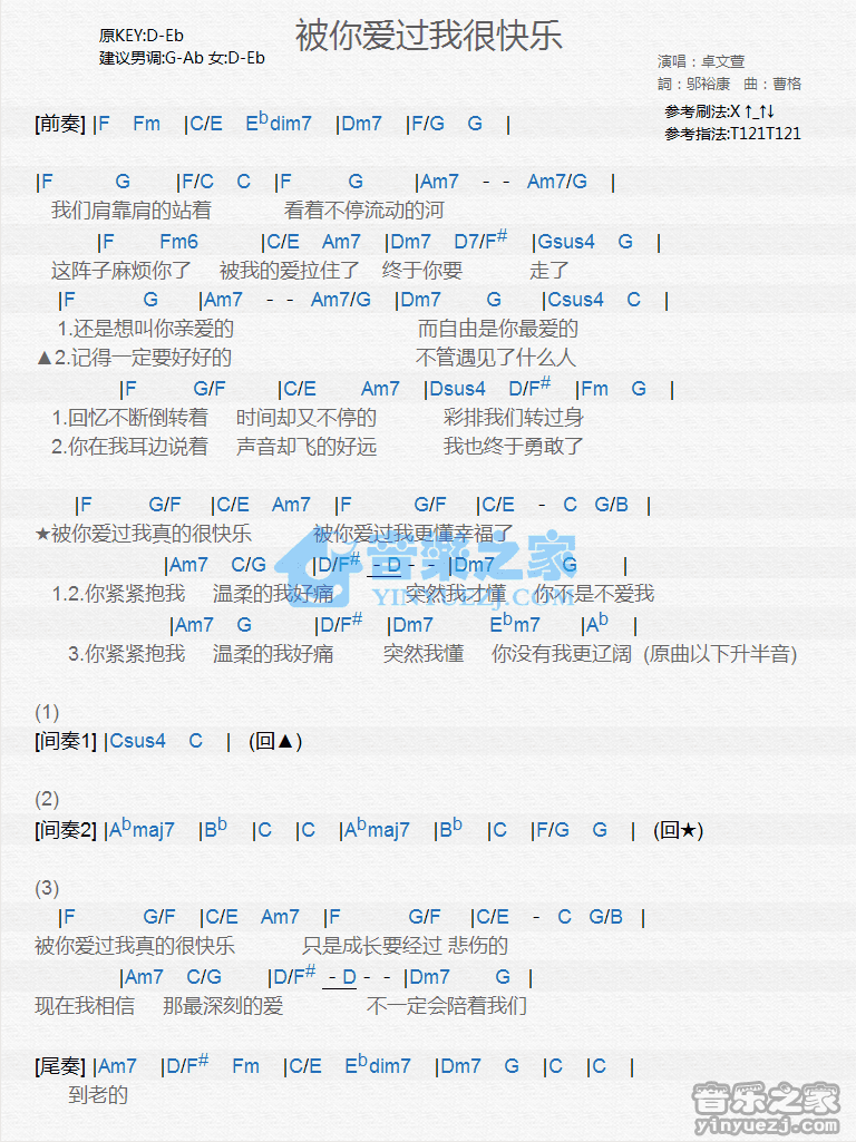 卓文萱《被你爱过我很快乐》尤克里里弹唱谱