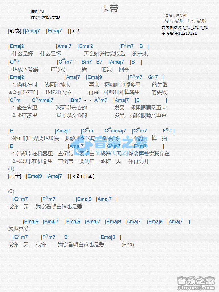 卢凯彤《卡带》尤克里里弹唱谱