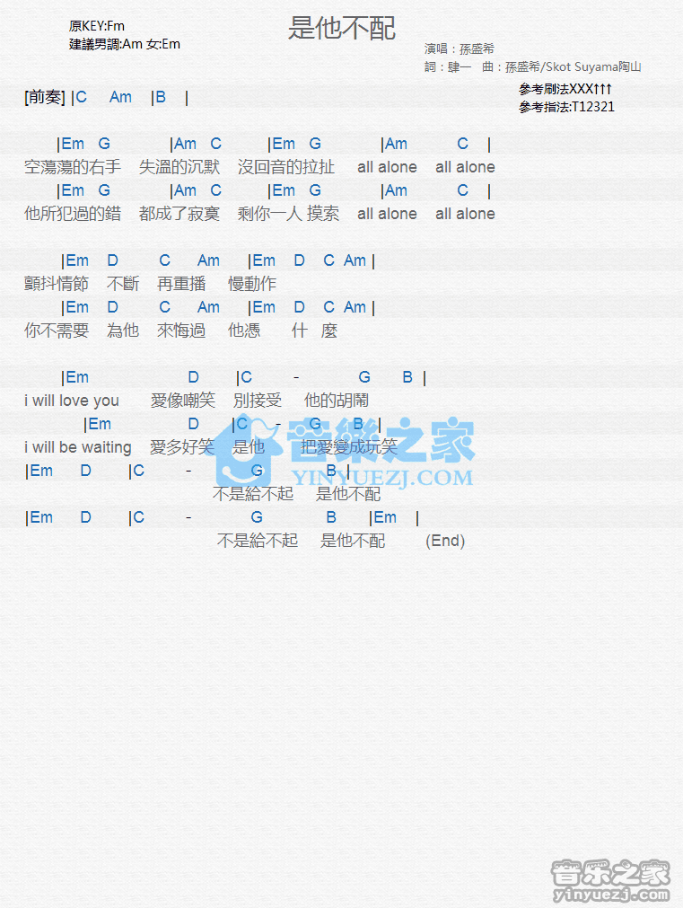 孙盛希《是他不配》尤克里里弹唱谱
