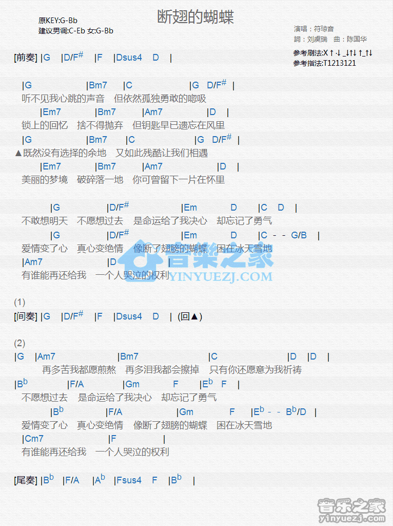 符琼音《断翅的蝴蝶》尤克里里弹唱谱