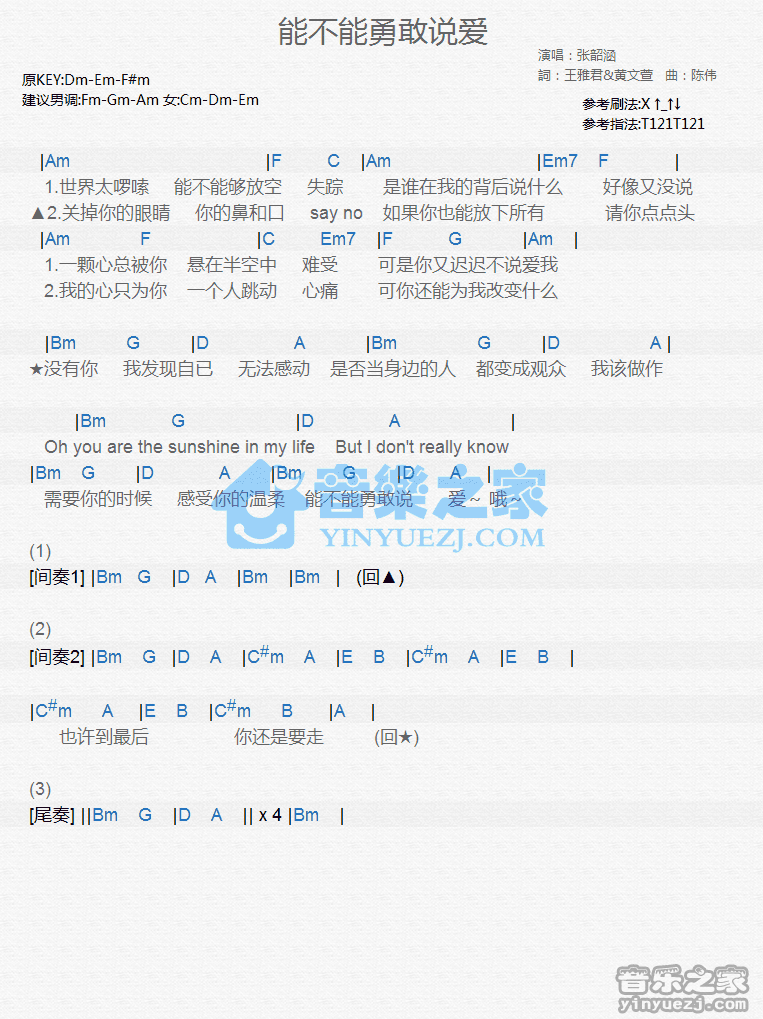 张韶涵《能不能勇敢说爱》尤克里里弹唱谱